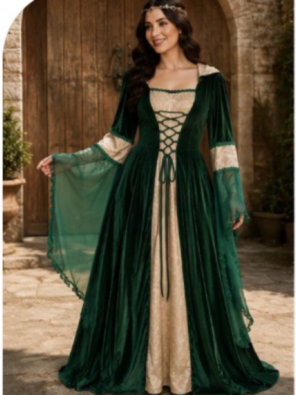 Renaissance Medieval Hooded Gown. Emerald Green Velvet Lace-Up Dress XL NWOT - Picture 3 of 8